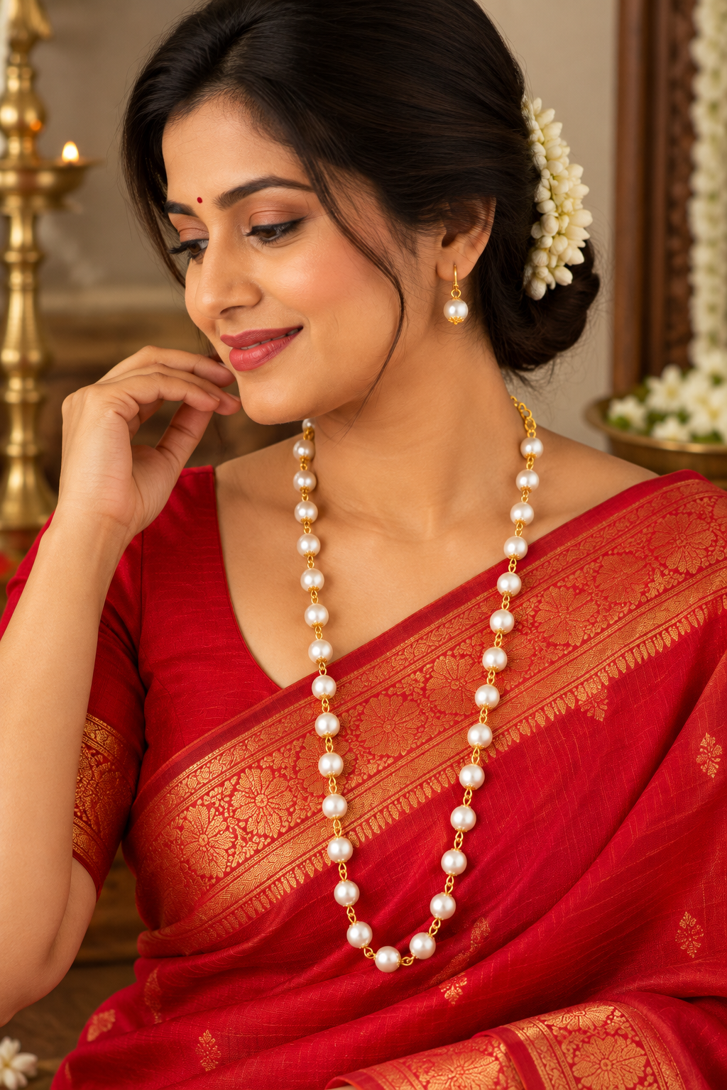 Ivory White Pearl beads with Gold Necklace Set