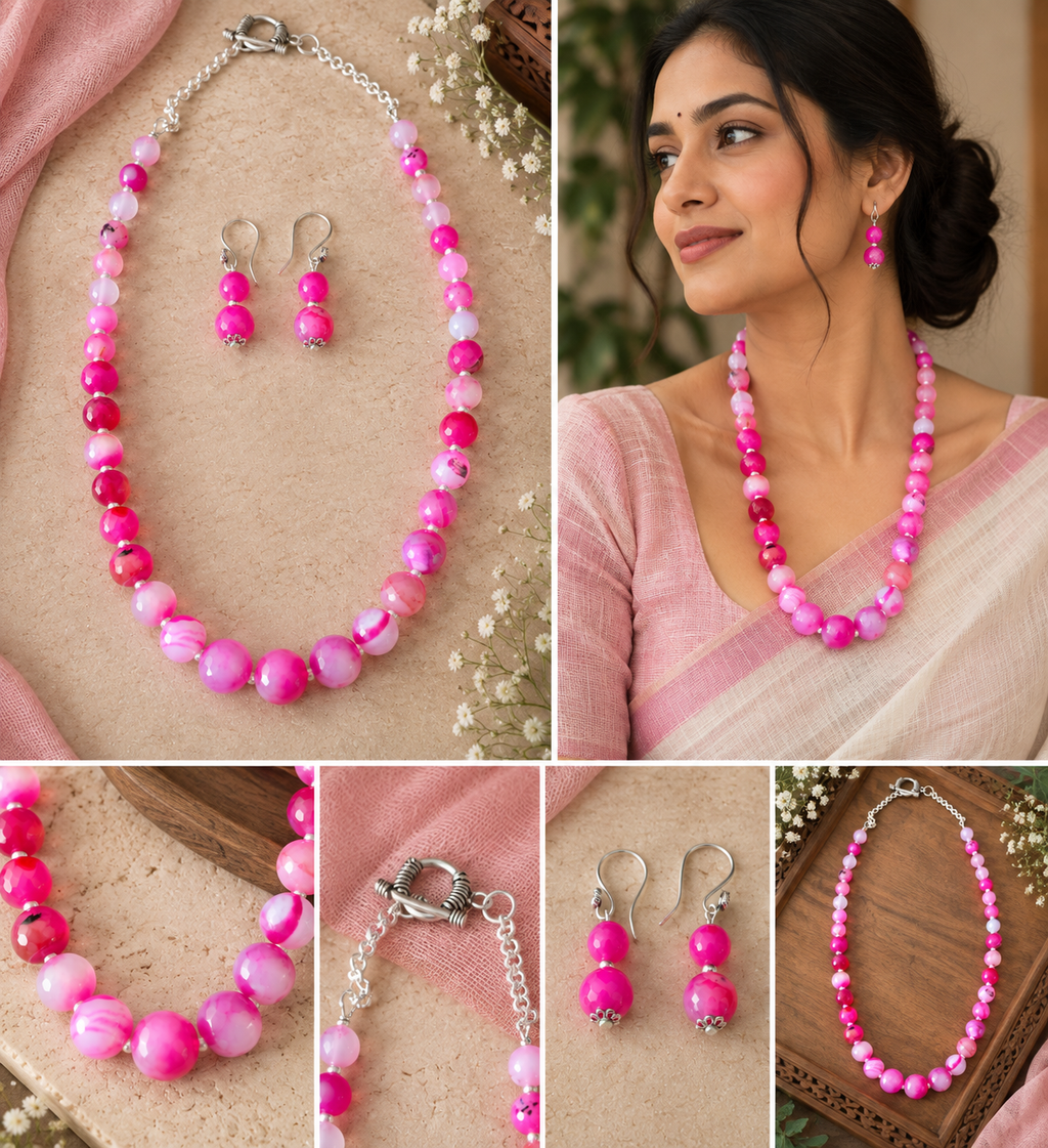 Pink & Fuchsia Graduated Agate Bead Necklace & Earrings Set