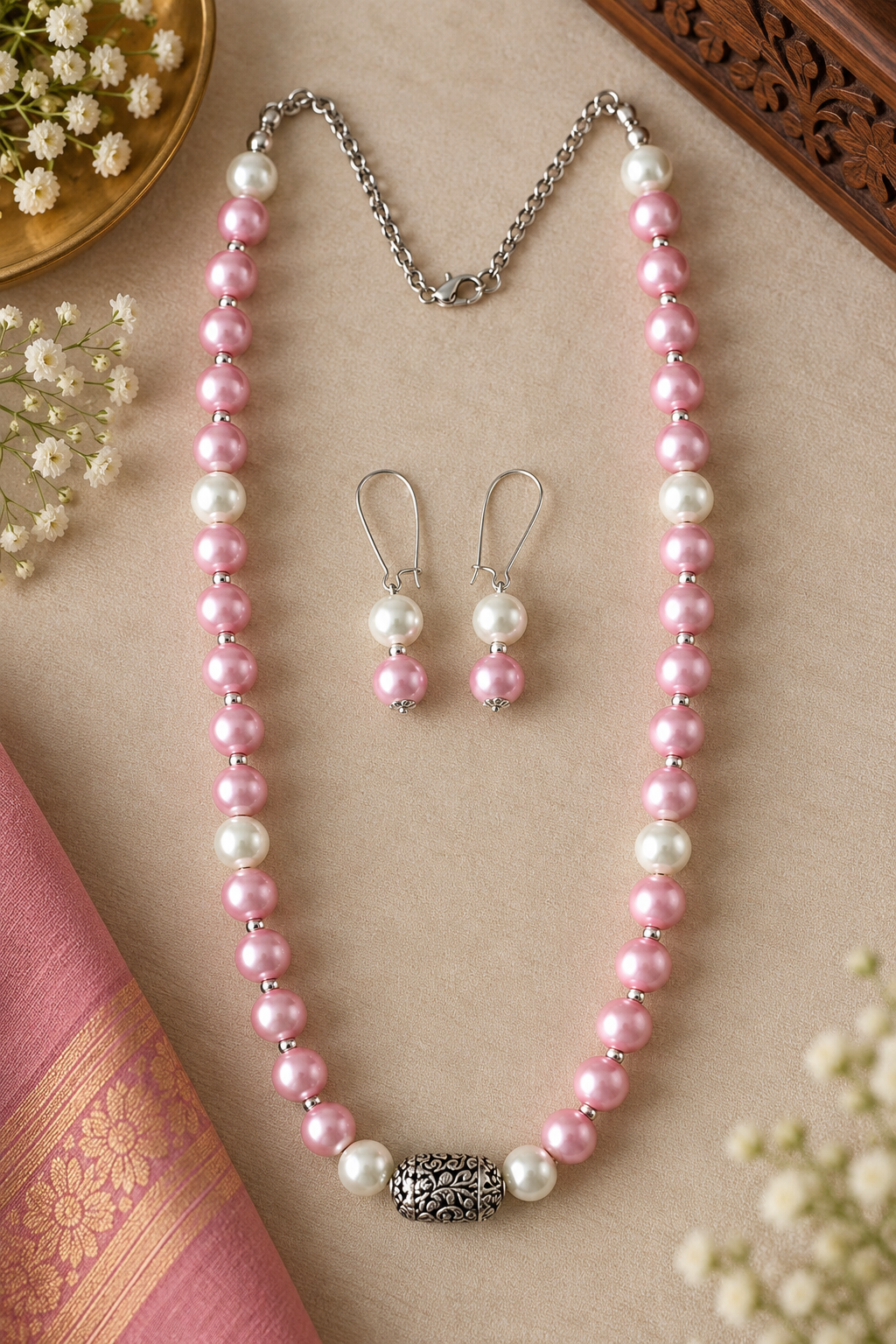 Pink Pearl & Oxidized Silver Jewelry Set