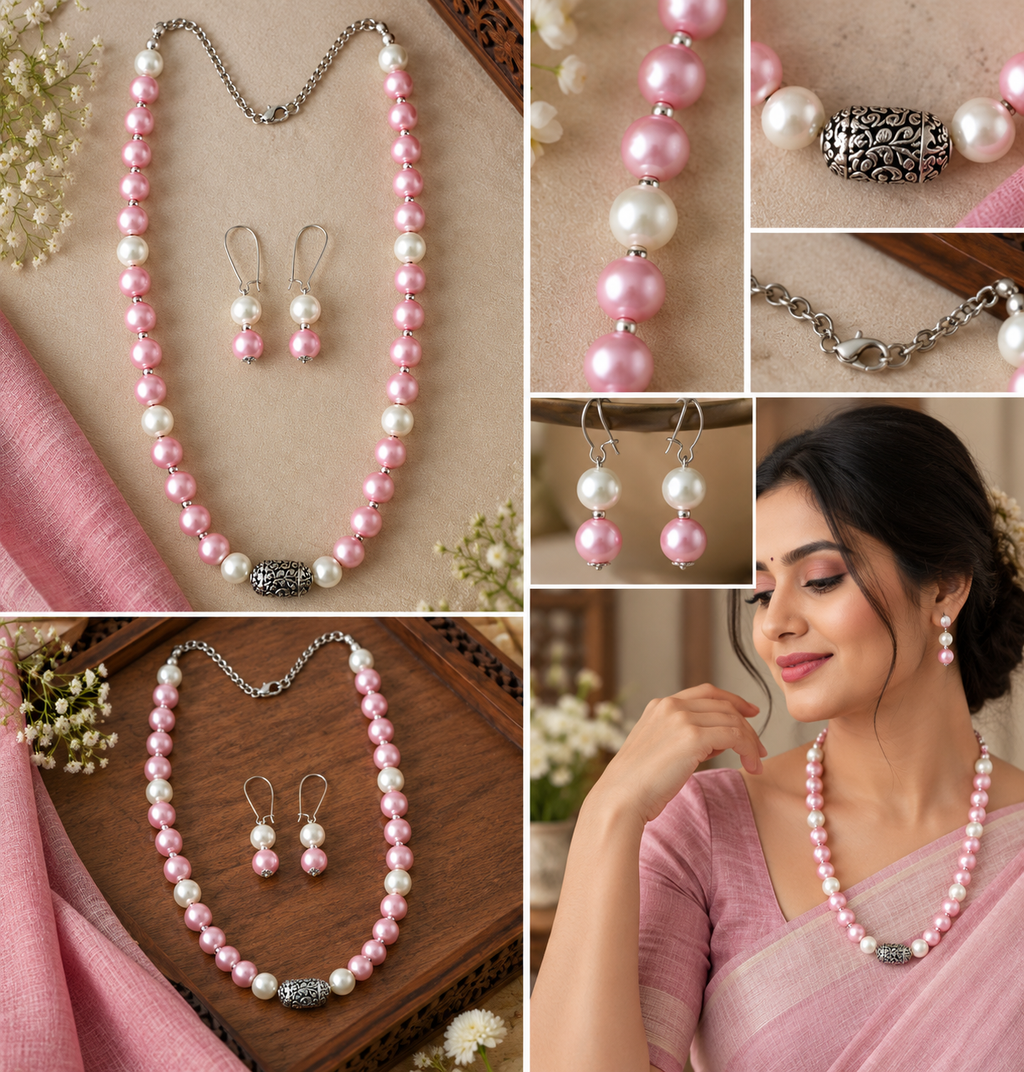Pink Pearl & Oxidized Silver Jewelry Set