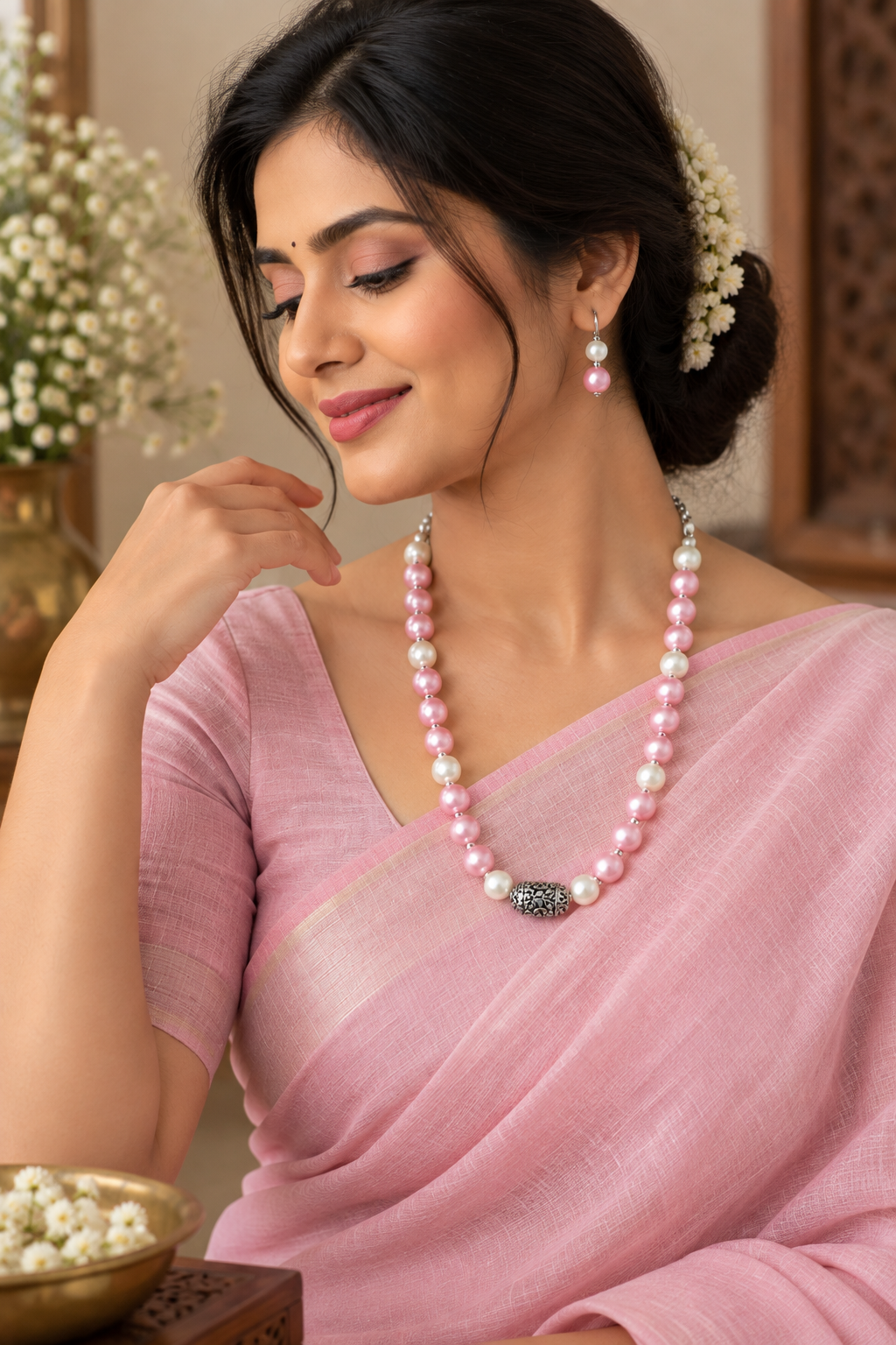 Pink Pearl & Oxidized Silver Jewelry Set