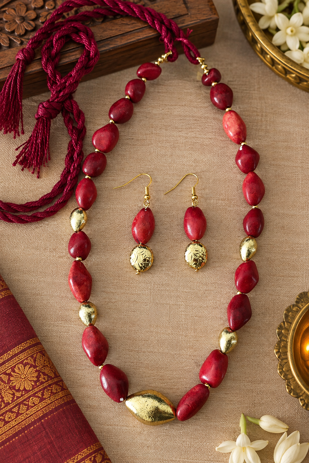 Dark Red Howlite & Gold Jewelry Set