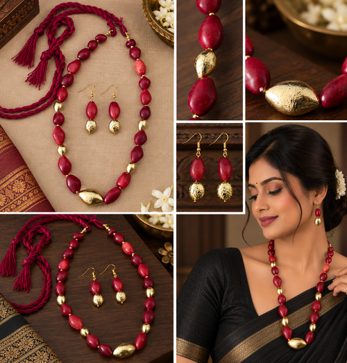 Dark Red Howlite & Gold Jewelry Set