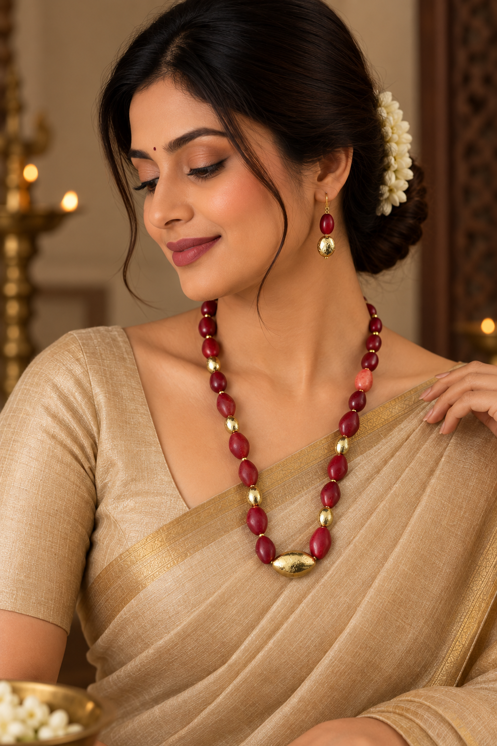 Dark Red Howlite & Gold Jewelry Set