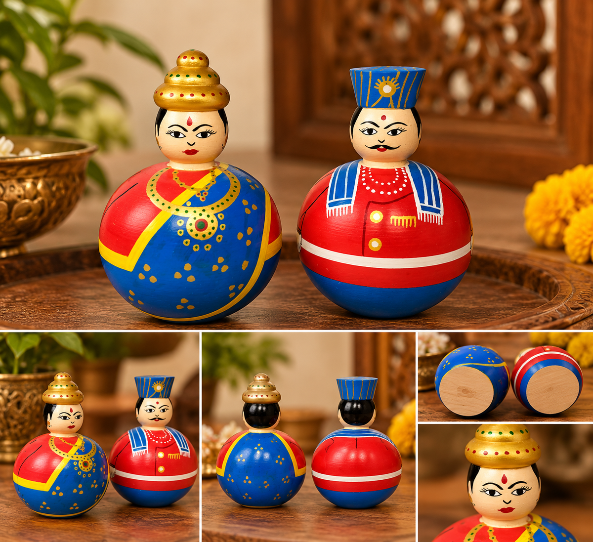 Wooden Raja Rani Roly Poly Dolls, Set of 2