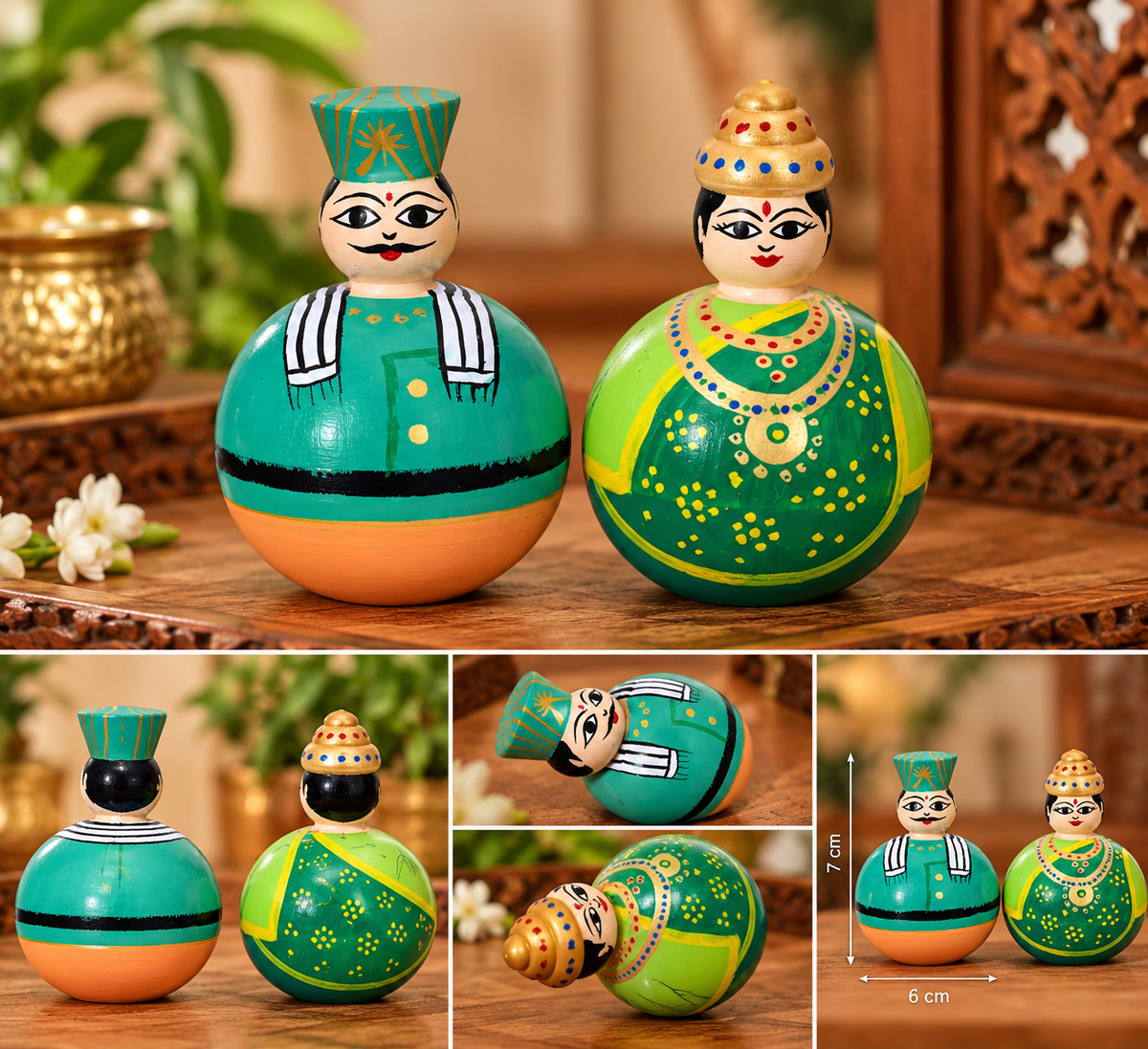 Wooden Raja Rani Roly Poly Dolls, Set of 2