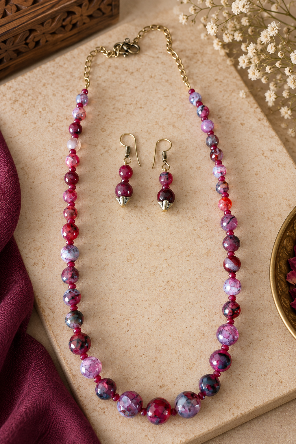 Graduated Burgundy & Pink Agate Bead Necklace & Earrings Set