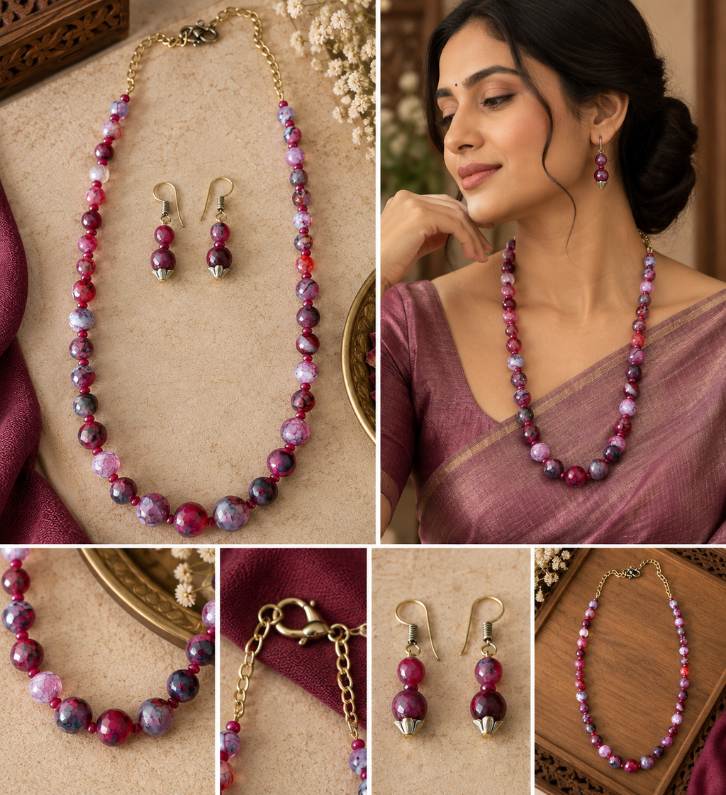 Graduated Burgundy & Pink Agate Bead Necklace & Earrings Set
