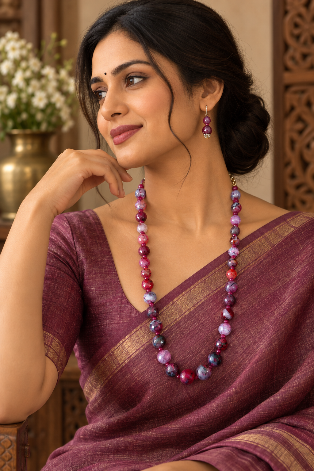 Graduated Burgundy & Pink Agate Bead Necklace & Earrings Set