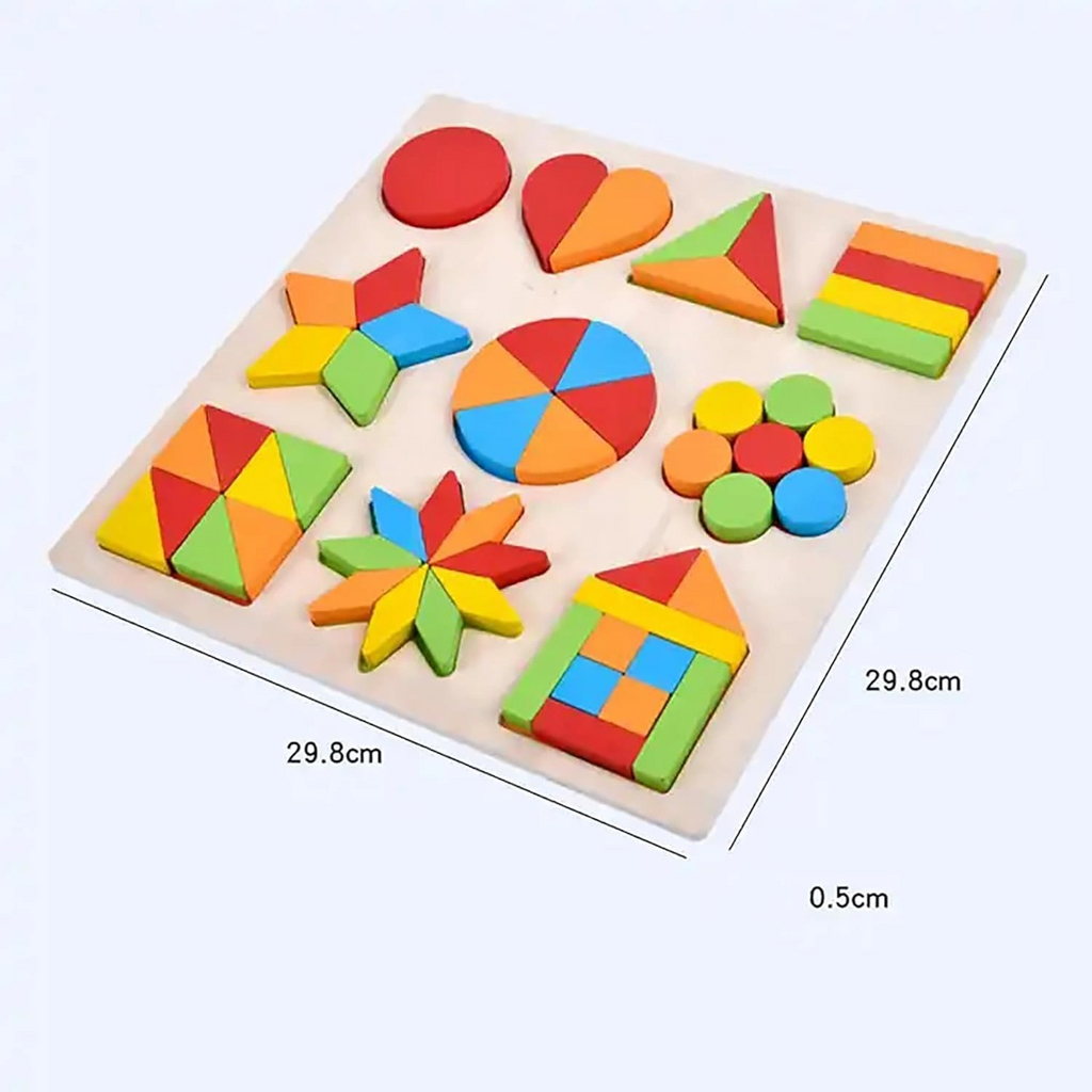 Wooden Shapes Puzzle Learning Toy, Montessori Brain Teaser Puzzle Board with 10 Geometric Shapes