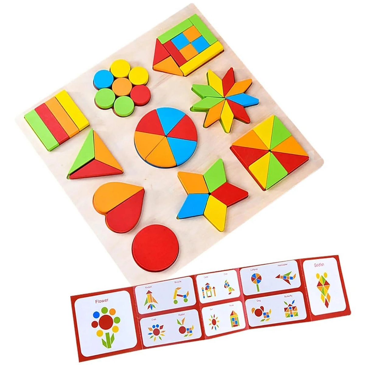 Wooden Shapes Puzzle Learning Toy, Montessori Brain Teaser Puzzle Board with 10 Geometric Shapes