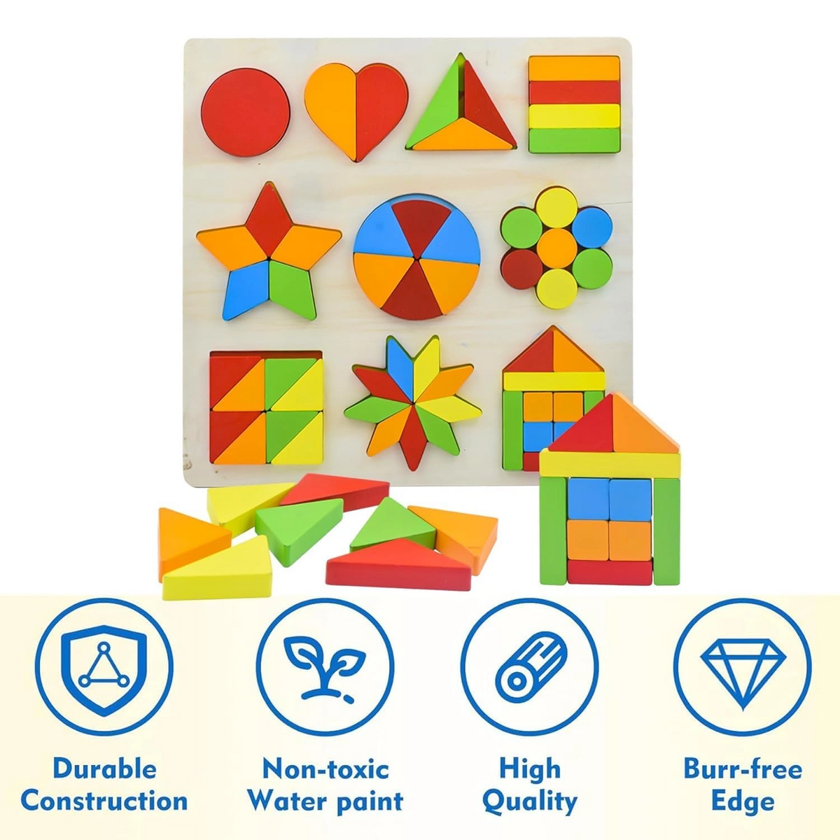 Wooden Shapes Puzzle Learning Toy, Montessori Brain Teaser Puzzle Board with 10 Geometric Shapes