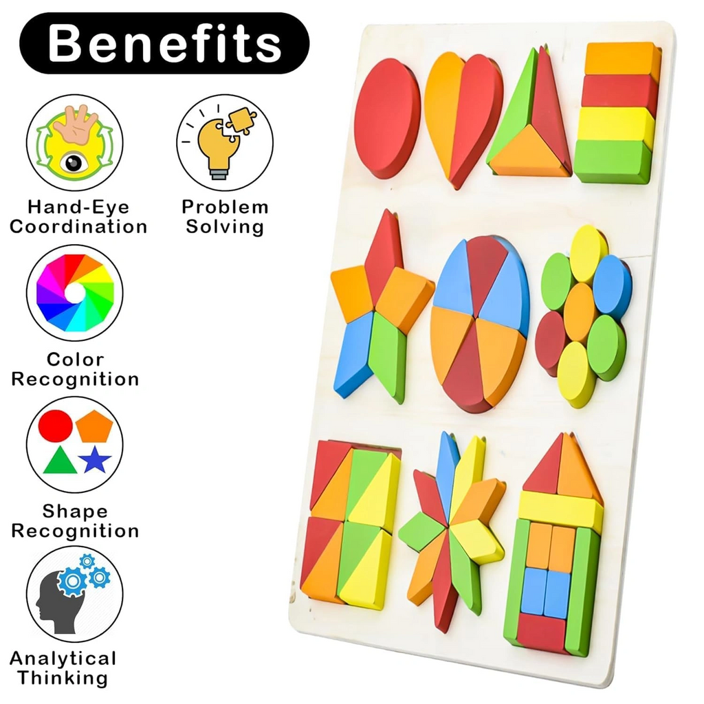 Wooden Shapes Puzzle Learning Toy, Montessori Brain Teaser Puzzle Board with 10 Geometric Shapes