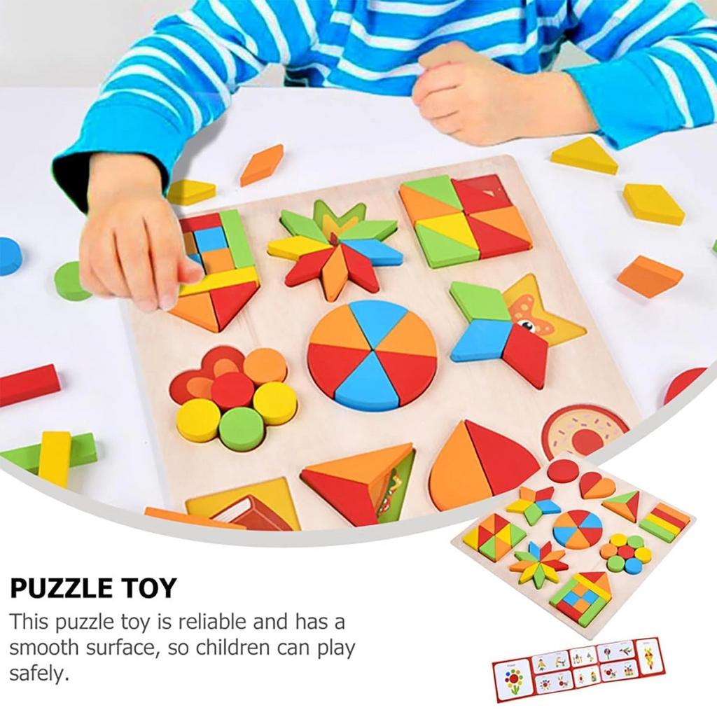 Wooden Shapes Puzzle Learning Toy, Montessori Brain Teaser Puzzle Board with 10 Geometric Shapes