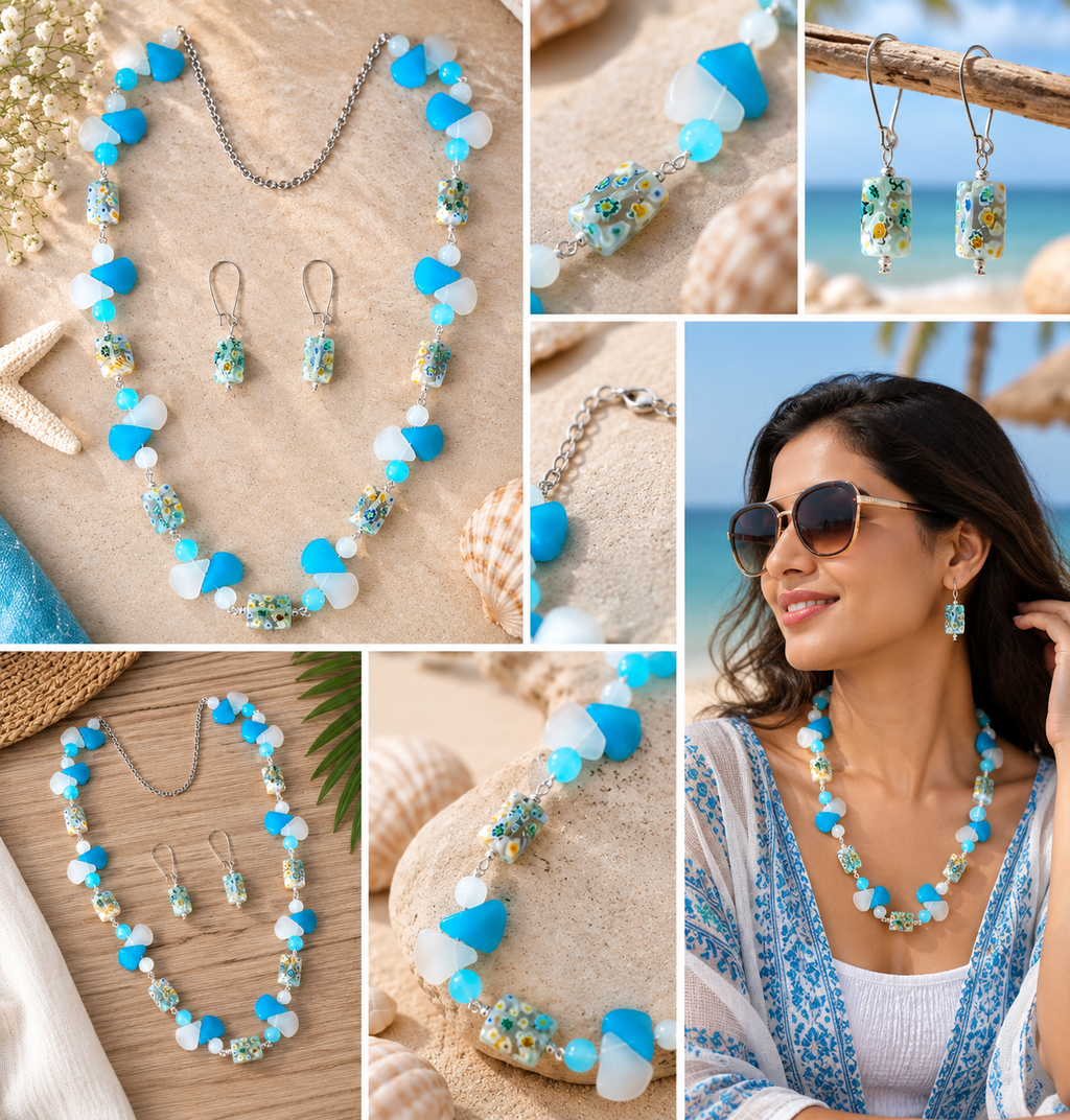 Sky Blue & Floral Millefiori Beaded Set