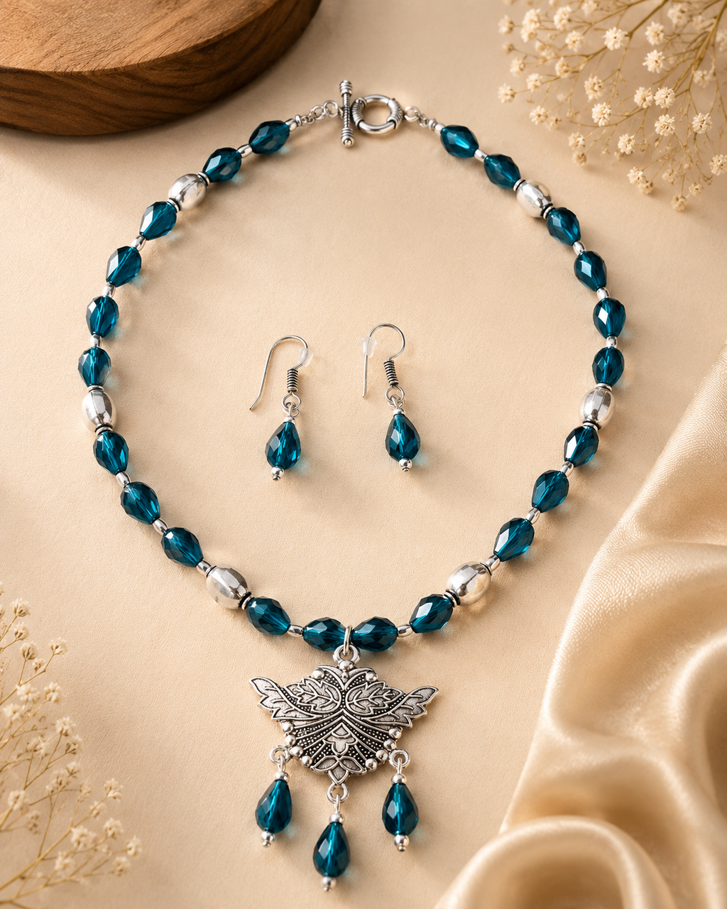 Teal Elegance – Blue & Silver Statement Jewelry Set