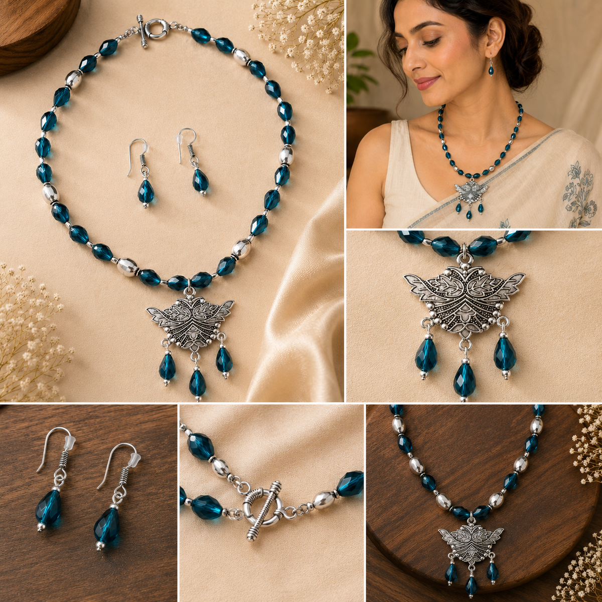 Teal Elegance – Blue & Silver Statement Jewelry Set