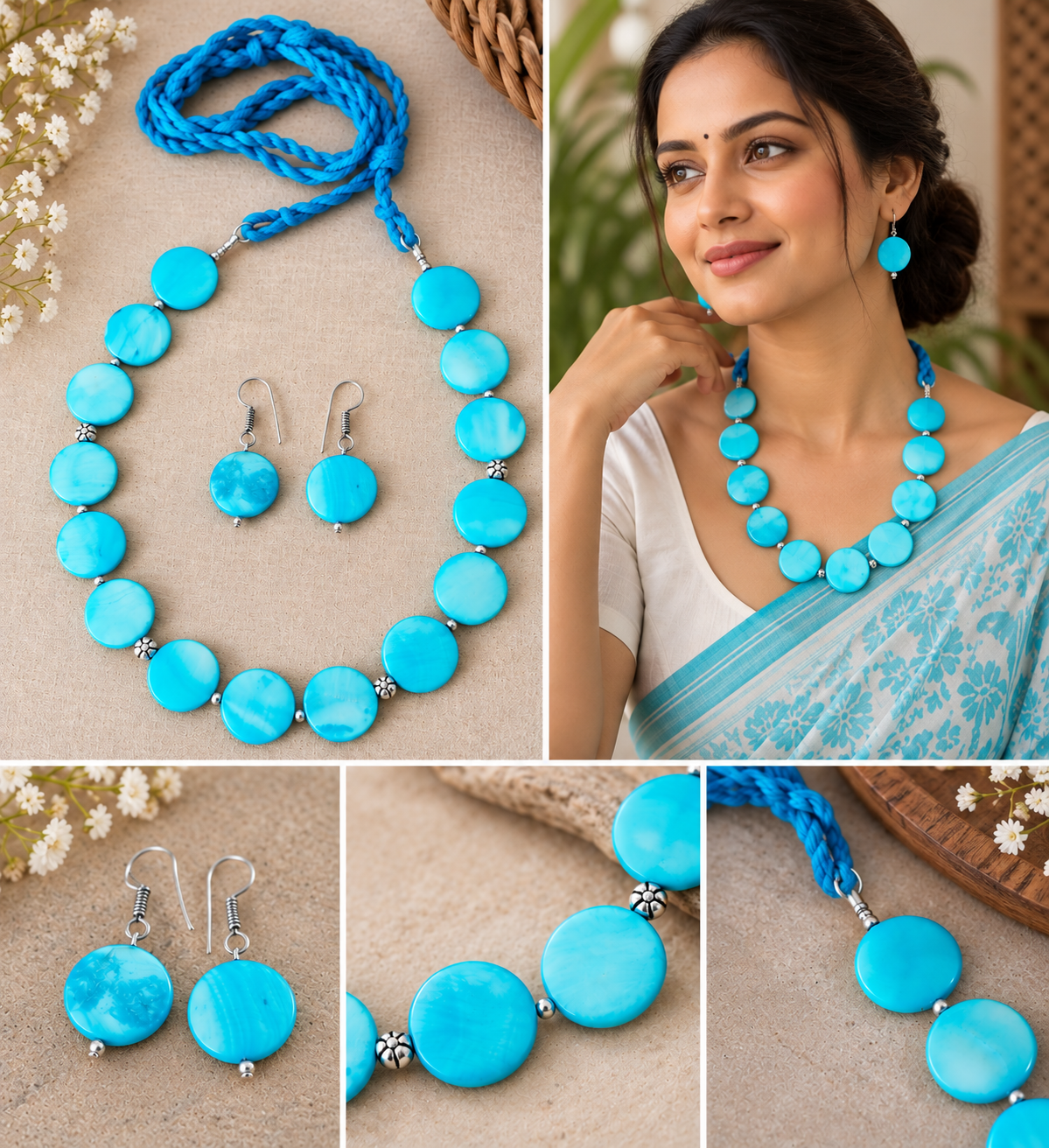 Turquoise Blue Beaded Necklace & Earrings