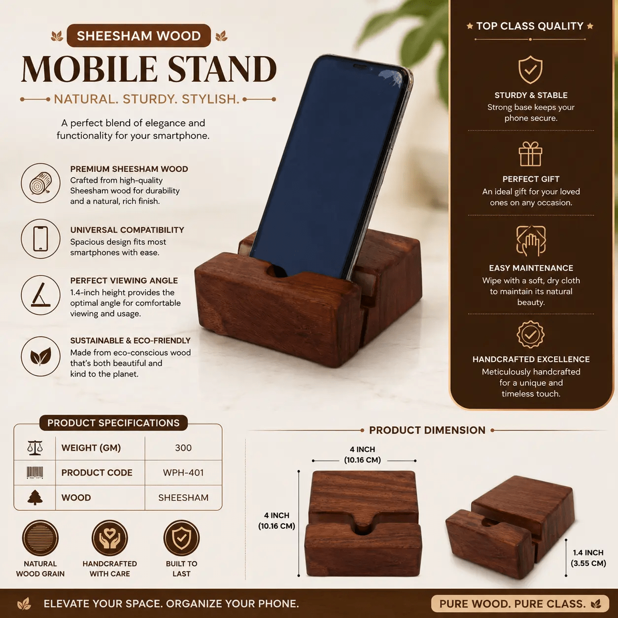 Sheesham Wood Mobile Stand – Handcrafted Wooden Phone Holder for Desk & Office