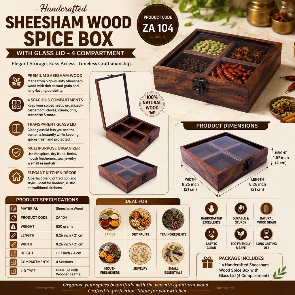 Handcrafted Sheesham Wood Spice Box with Glass Lid – 4 Compartment Masala Organizer | Premium Wooden Spice Storage Box for Kitchen | Traditional Indian Masala Dabba | Airtight Lid Spice Container