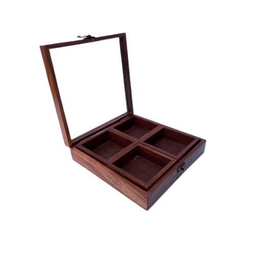 Handcrafted Sheesham Wood Spice Box with Glass Lid – 4 Compartment Masala Organizer | Premium Wooden Spice Storage Box for Kitchen | Traditional Indian Masala Dabba | Airtight Lid Spice Container