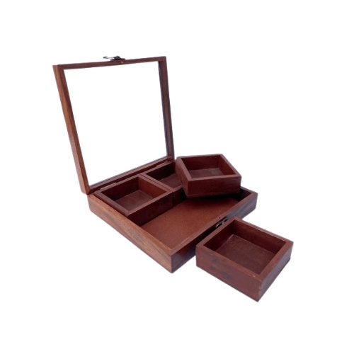 Handcrafted Sheesham Wood Spice Box with Glass Lid – 4 Compartment Masala Organizer | Premium Wooden Spice Storage Box for Kitchen | Traditional Indian Masala Dabba | Airtight Lid Spice Container