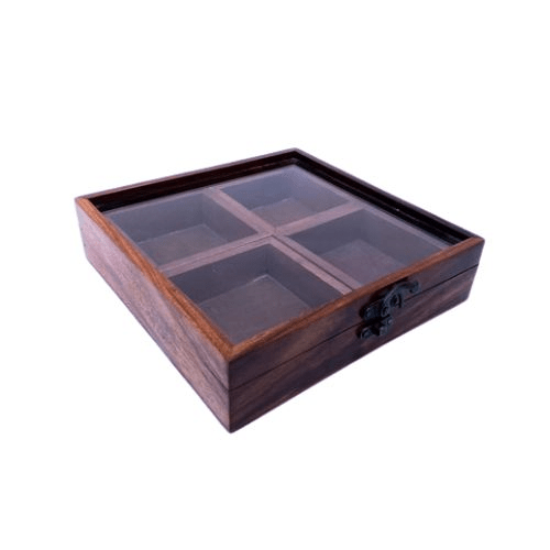 Handcrafted Sheesham Wood Spice Box with Glass Lid – 4 Compartment Masala Organizer | Premium Wooden Spice Storage Box for Kitchen | Traditional Indian Masala Dabba | Airtight Lid Spice Container