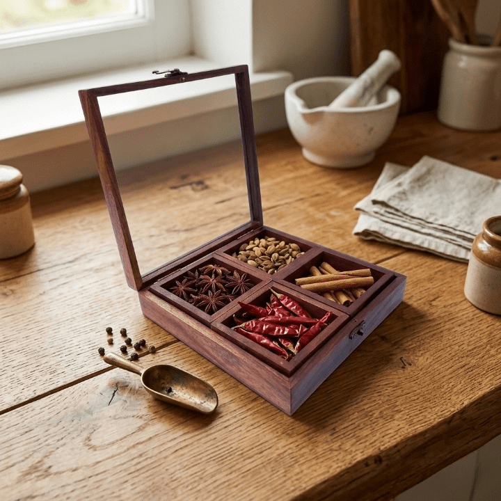 Handcrafted Sheesham Wood Spice Box with Glass Lid – 4 Compartment Masala Organizer | Premium Wooden Spice Storage Box for Kitchen | Traditional Indian Masala Dabba | Airtight Lid Spice Container