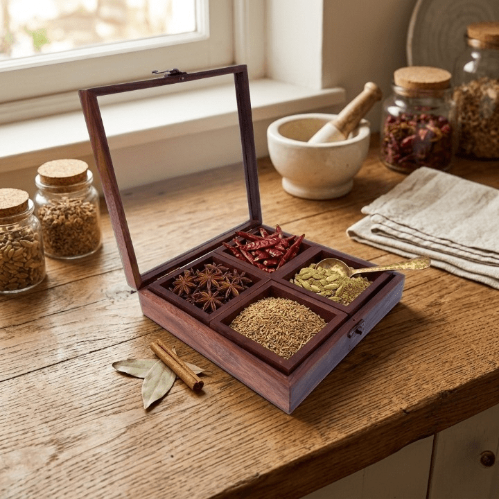 Handcrafted Sheesham Wood Spice Box with Glass Lid – 4 Compartment Masala Organizer | Premium Wooden Spice Storage Box for Kitchen | Traditional Indian Masala Dabba | Airtight Lid Spice Container