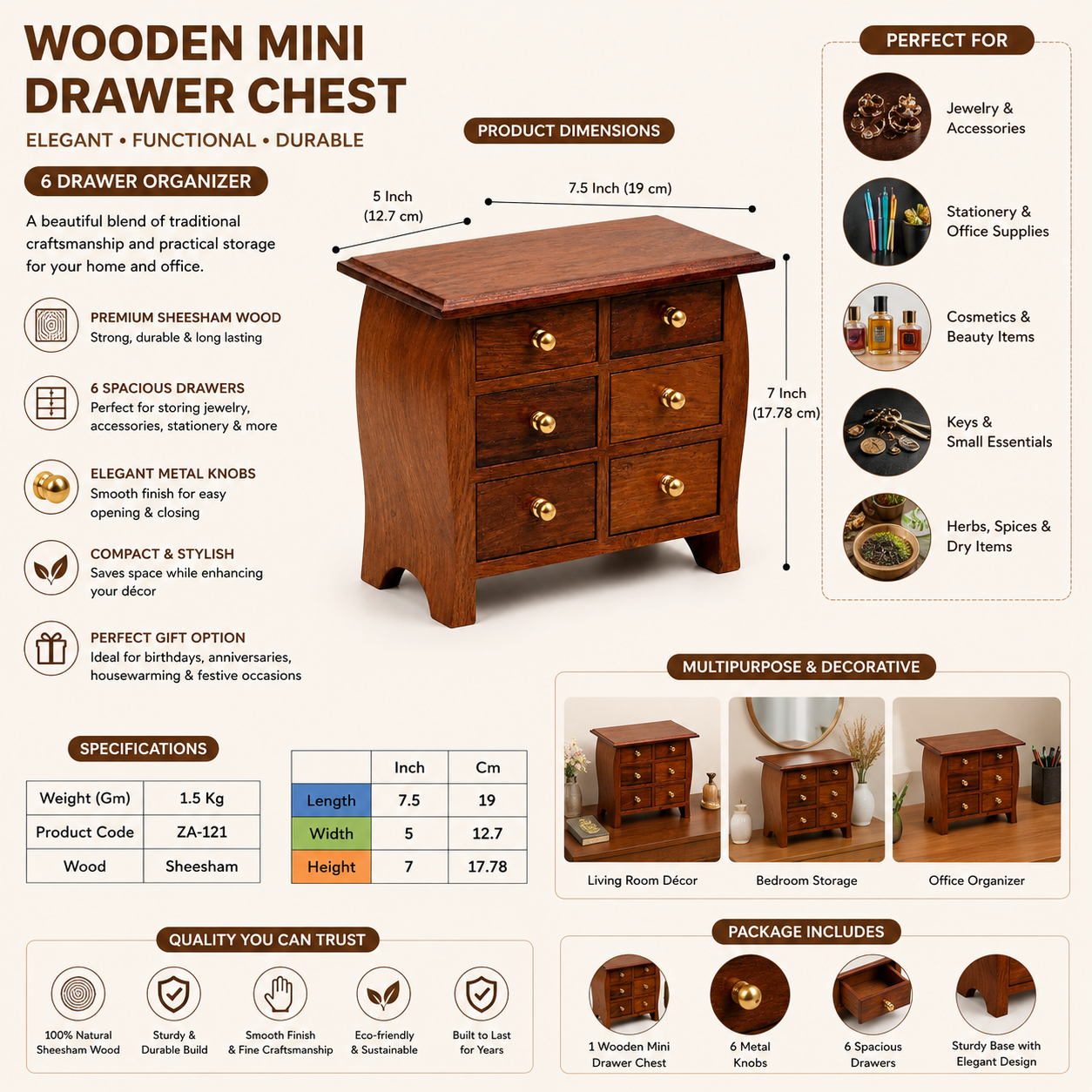 Premium Handcrafted Wooden Miniature Drawer Chest – 6-Slot
