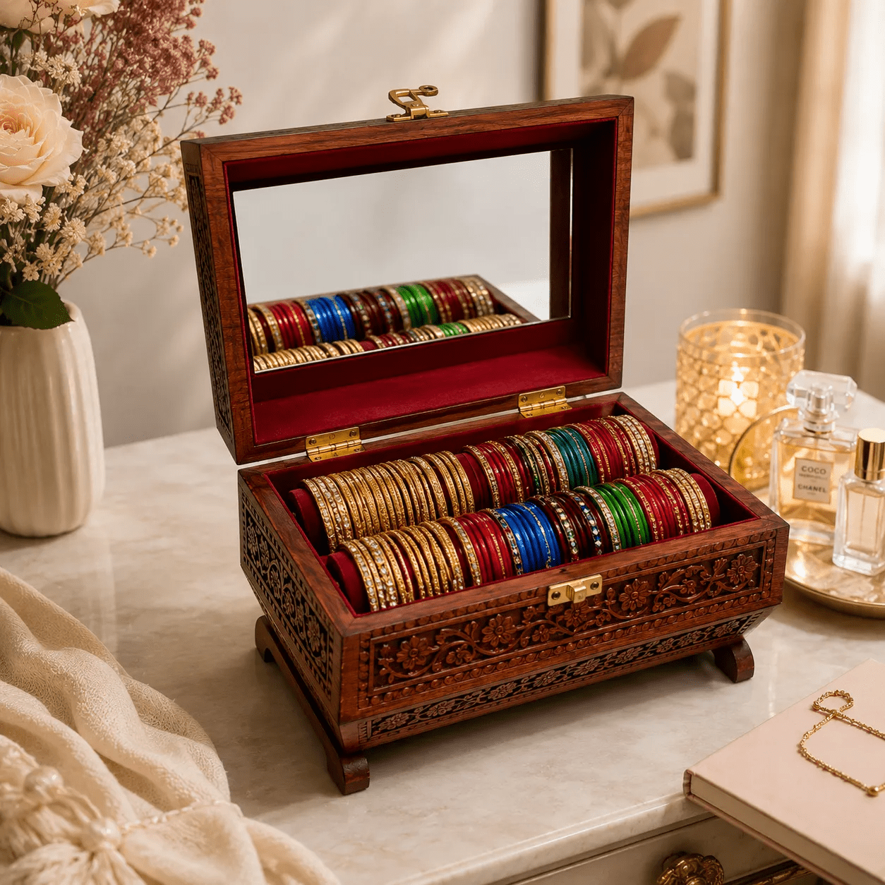 Exquisite Hand-Carved Wooden Bangle Box