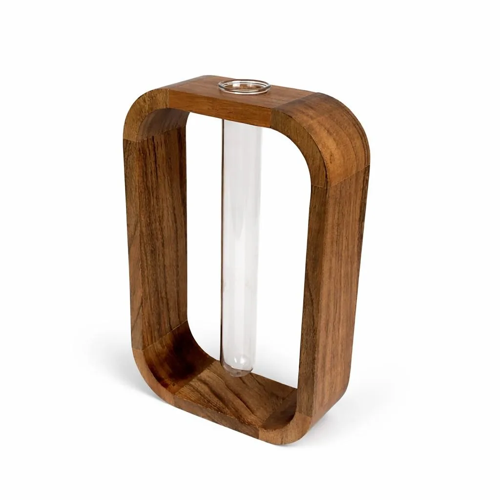 Handcrafted Premium Acacia Wood & Glass Flower Vase – Modern Decorative Table Vase with Glass Tube | Luxury Minimalist Home Décor for Living Room, Bedroom, Office | Brown (5.5 x 2 x 9 Inch)