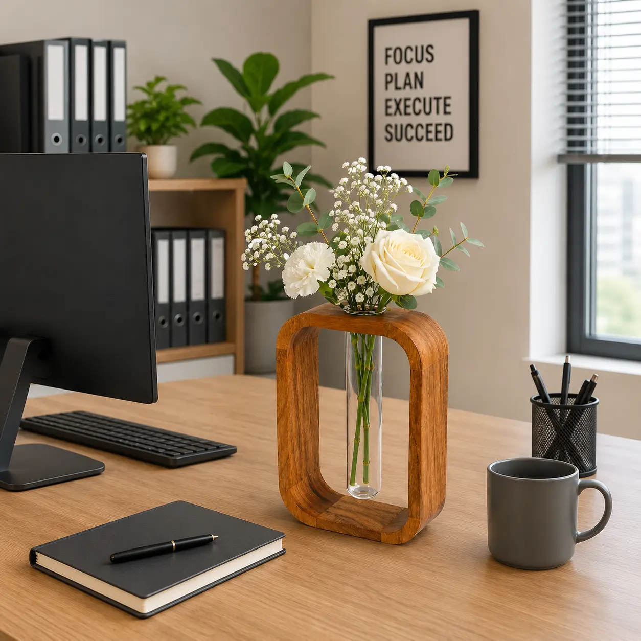 Handcrafted Premium Acacia Wood & Glass Flower Vase – Modern Decorative Table Vase with Glass Tube | Luxury Minimalist Home Décor for Living Room, Bedroom, Office | Brown (5.5 x 2 x 9 Inch)