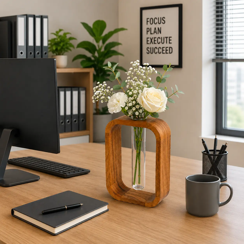 Handcrafted Premium Acacia Wood & Glass Flower Vase – Modern Decorative Table Vase with Glass Tube | Luxury Minimalist Home Décor for Living Room, Bedroom, Office | Brown (5.5 x 2 x 9 Inch)
