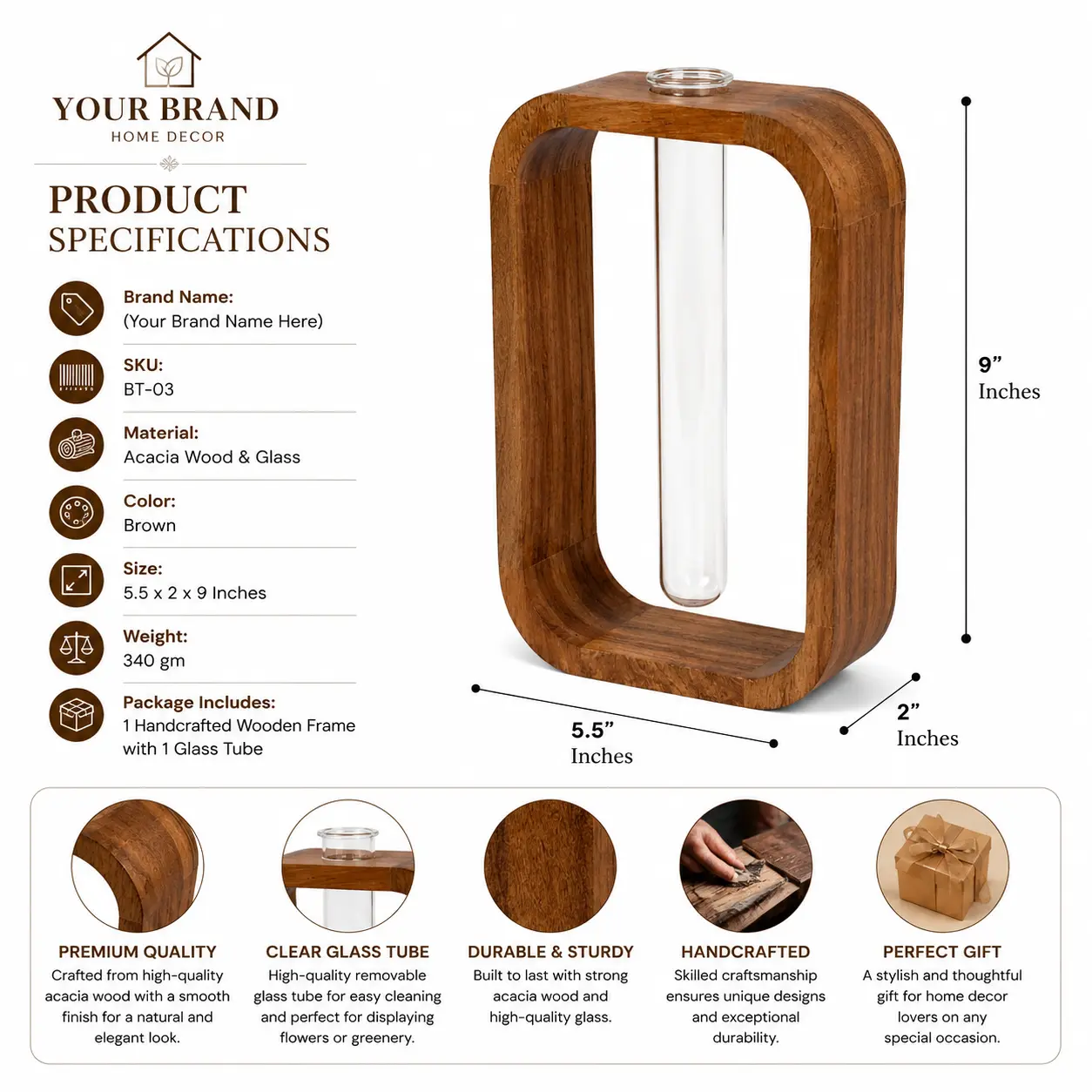 Handcrafted Premium Acacia Wood & Glass Flower Vase – Modern Decorative Table Vase with Glass Tube | Luxury Minimalist Home Décor for Living Room, Bedroom, Office | Brown (5.5 x 2 x 9 Inch)