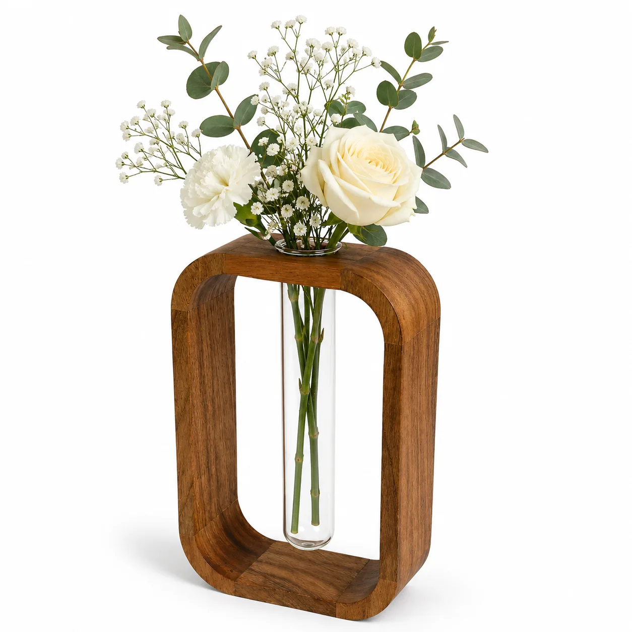 Handcrafted Premium Acacia Wood & Glass Flower Vase – Modern Decorative Table Vase with Glass Tube | Luxury Minimalist Home Décor for Living Room, Bedroom, Office | Brown (5.5 x 2 x 9 Inch)