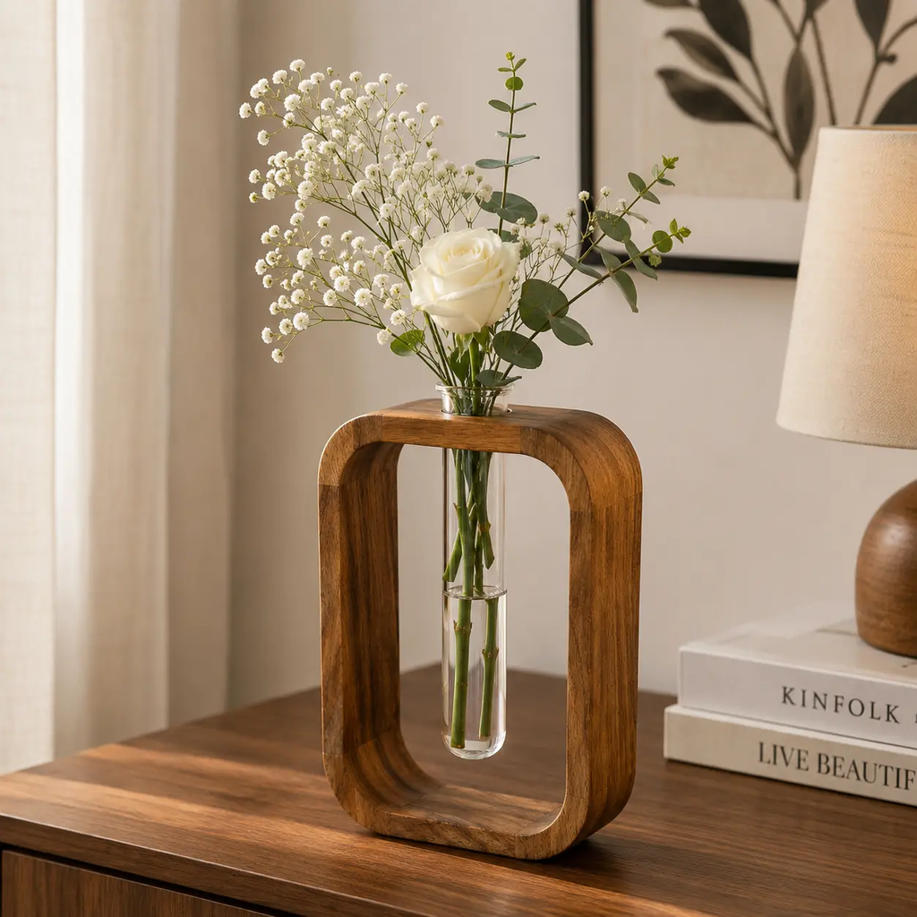 Handcrafted Premium Acacia Wood & Glass Flower Vase – Modern Decorative Table Vase with Glass Tube | Luxury Minimalist Home Décor for Living Room, Bedroom, Office | Brown (5.5 x 2 x 9 Inch)