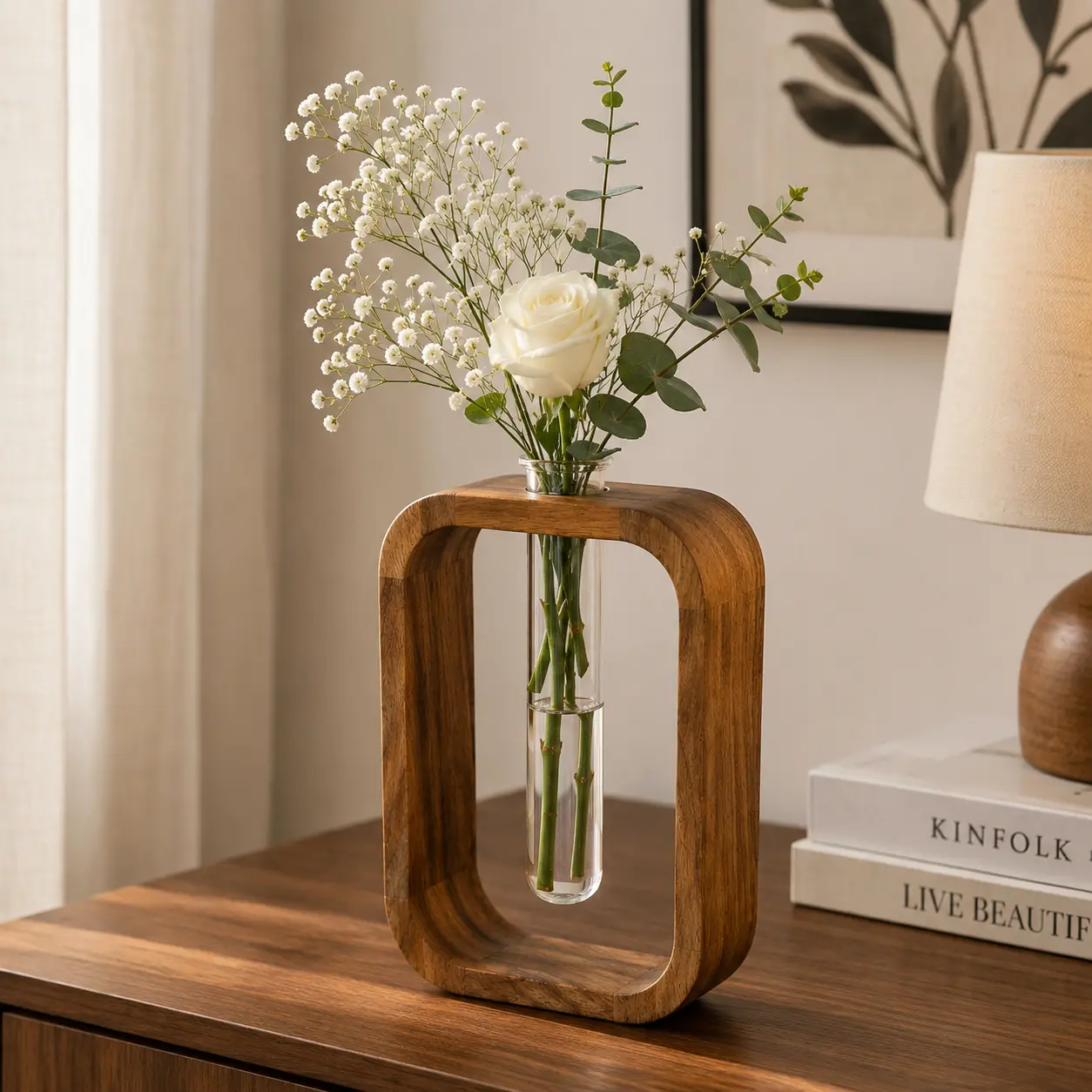 Handcrafted Premium Acacia Wood & Glass Flower Vase – Modern Decorative Table Vase with Glass Tube | Luxury Minimalist Home Décor for Living Room, Bedroom, Office | Brown (5.5 x 2 x 9 Inch)