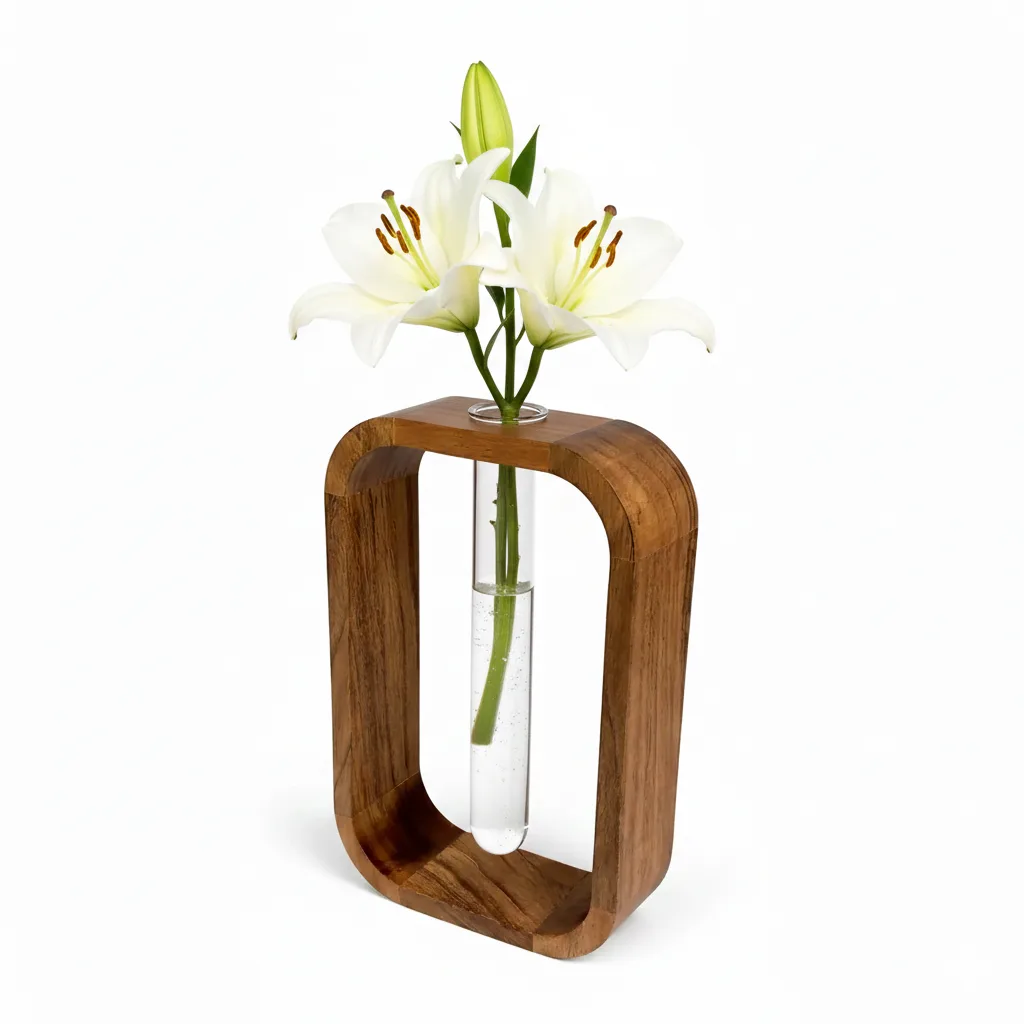 Handcrafted Premium Acacia Wood & Glass Flower Vase – Modern Decorative Table Vase with Glass Tube | Luxury Minimalist Home Décor for Living Room, Bedroom, Office | Brown (5.5 x 2 x 9 Inch)