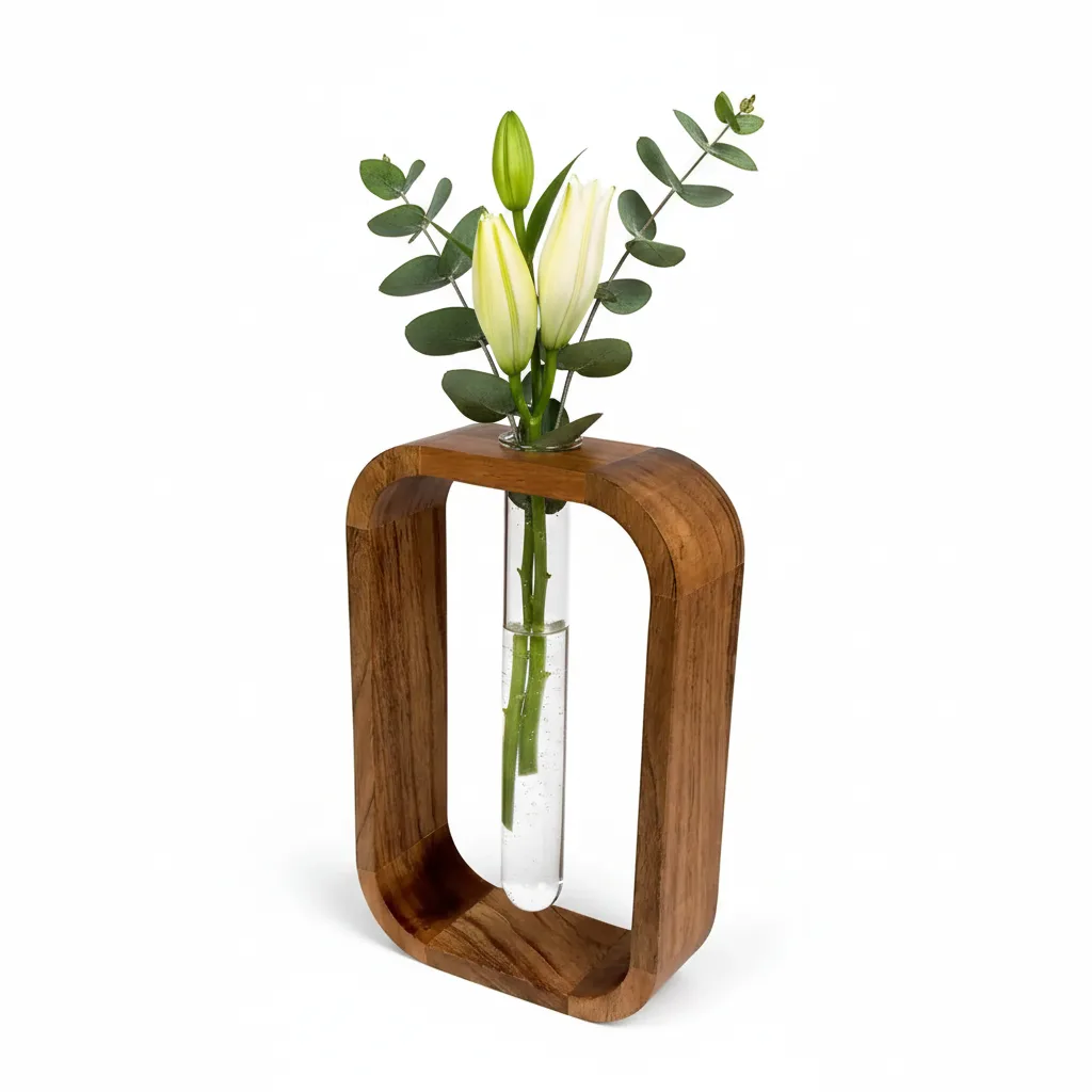 Handcrafted Premium Acacia Wood & Glass Flower Vase – Modern Decorative Table Vase with Glass Tube | Luxury Minimalist Home Décor for Living Room, Bedroom, Office | Brown (5.5 x 2 x 9 Inch)