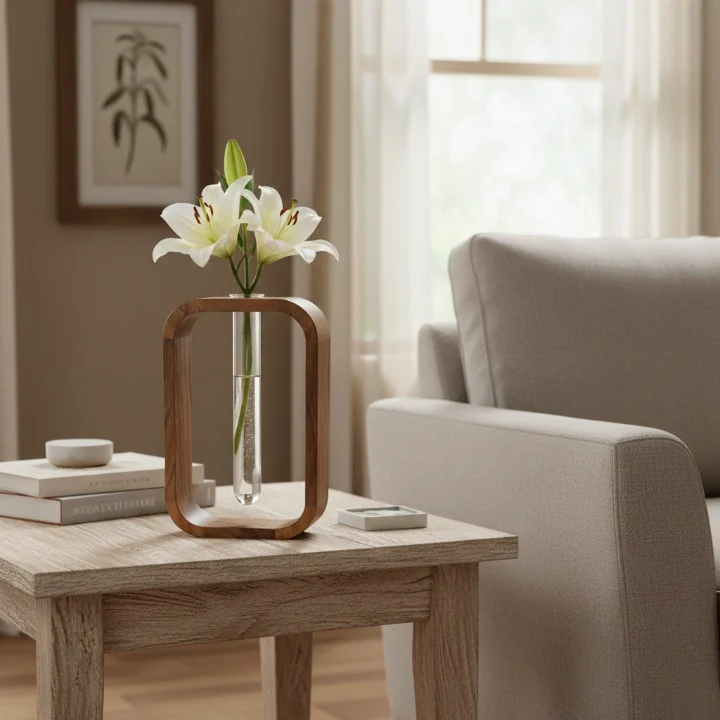 Handcrafted Premium Acacia Wood & Glass Flower Vase – Modern Decorative Table Vase with Glass Tube | Luxury Minimalist Home Décor for Living Room, Bedroom, Office | Brown (5.5 x 2 x 9 Inch)