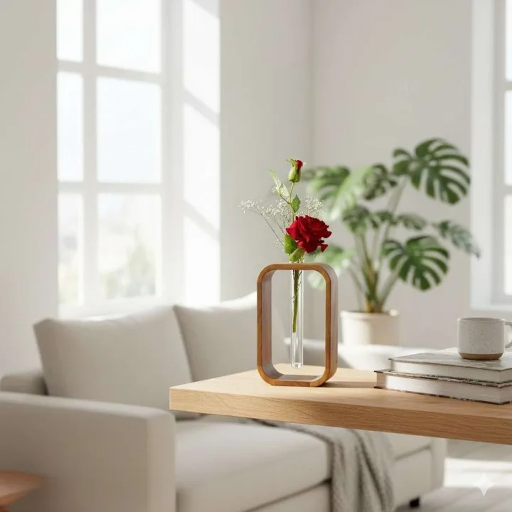 Handcrafted Premium Acacia Wood & Glass Flower Vase – Modern Decorative Table Vase with Glass Tube | Luxury Minimalist Home Décor for Living Room, Bedroom, Office | Brown (5.5 x 2 x 9 Inch)